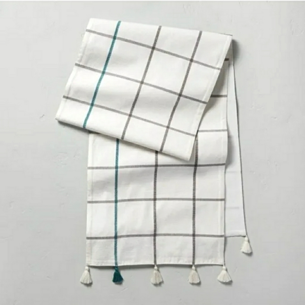 Hearth & Hand Plaid Table Runners With Tassels - Teal/Gray/White 20"x90"